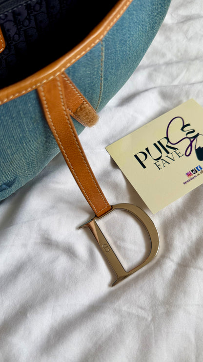 Authentic Vintage Christian Dior Light Blue Denim Saddle Shoulder Bag w/ Embroidered Floral & Butterfly Motifs