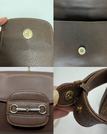 Authentic GUCCI 1955 Vintage Horsebit Shoulder & Crossbody Bag Brown Grained Leather | Mixed Gold & Silver Hardware
