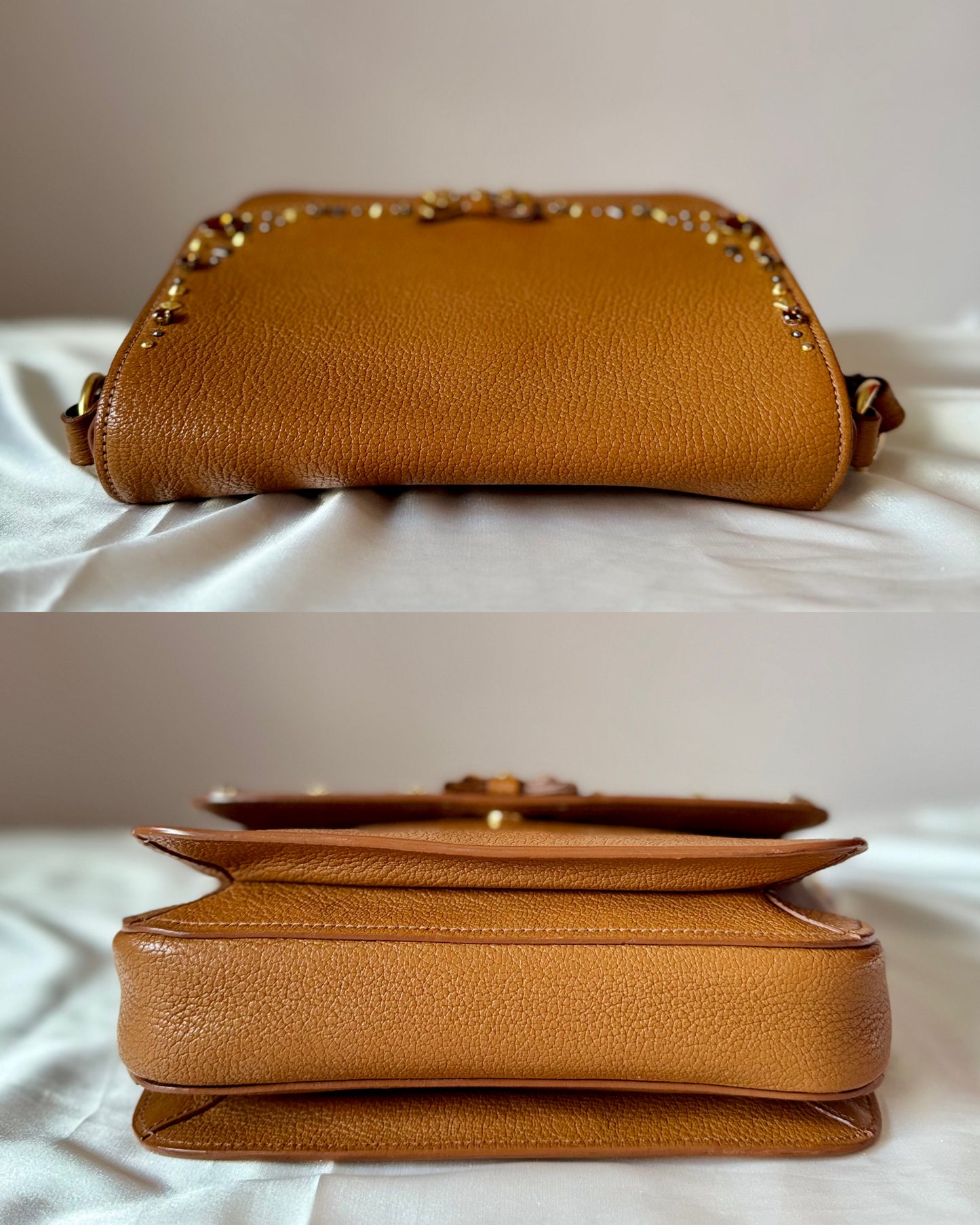Authentic MIU MIU Madras Ribbon Camel Brown Leather Crystal Studs Embellished Shoulder Crossbody Bag