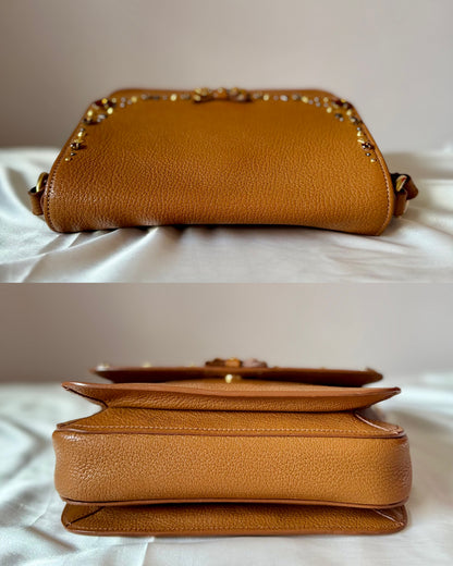 Authentic MIU MIU Madras Ribbon Camel Brown Leather Crystal Studs Embellished Shoulder Crossbody Bag