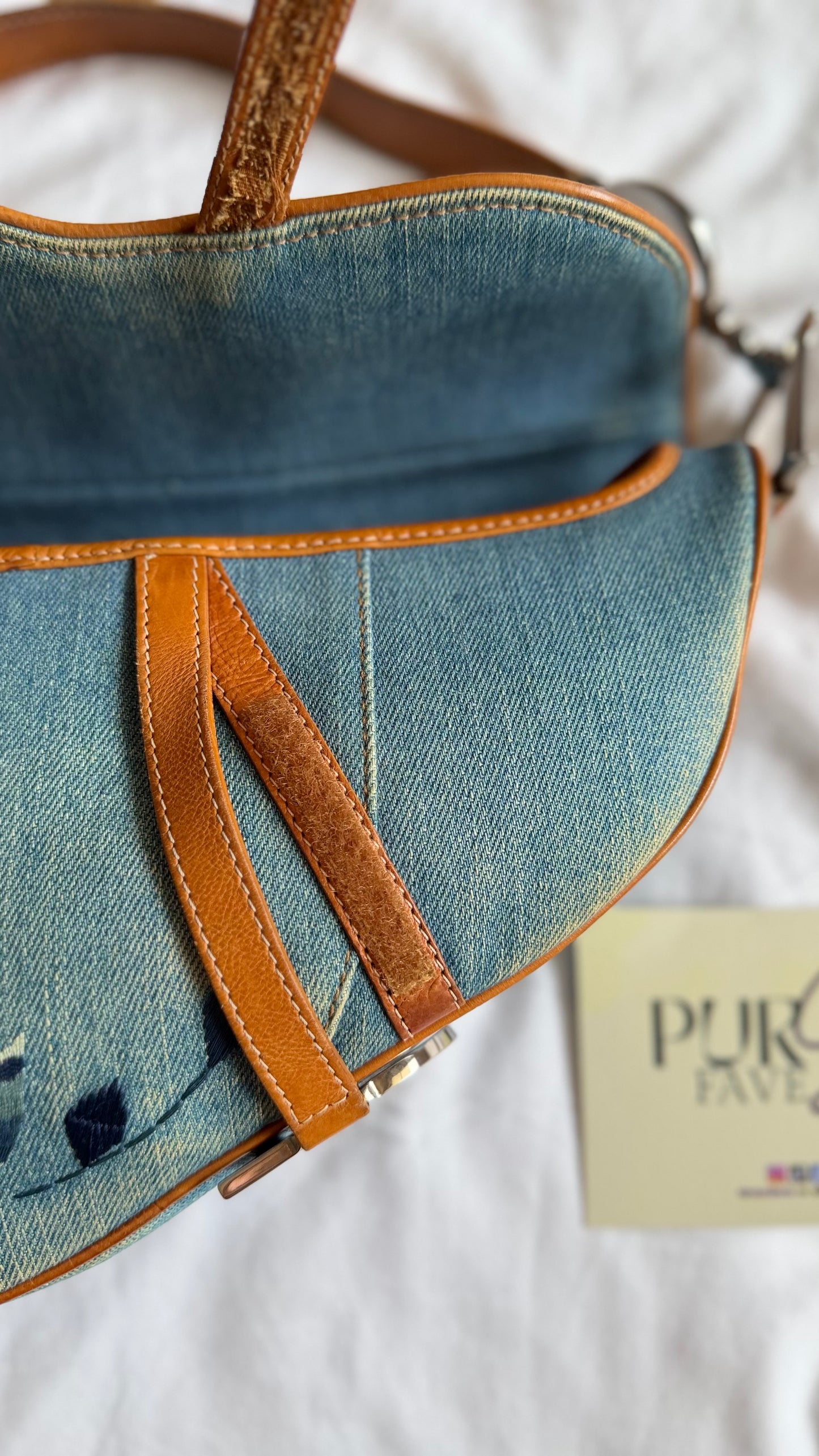 Authentic Vintage Christian Dior Light Blue Denim Saddle Shoulder Bag w/ Embroidered Floral & Butterfly Motifs