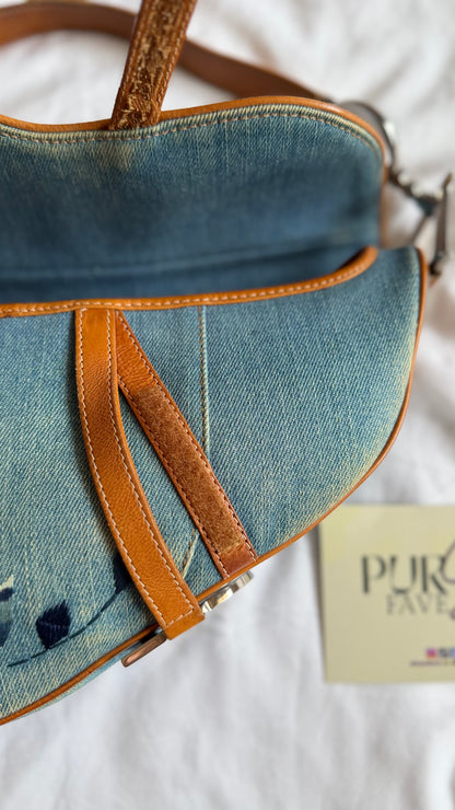 Authentic Vintage Christian Dior Light Blue Denim Saddle Shoulder Bag w/ Embroidered Floral & Butterfly Motifs