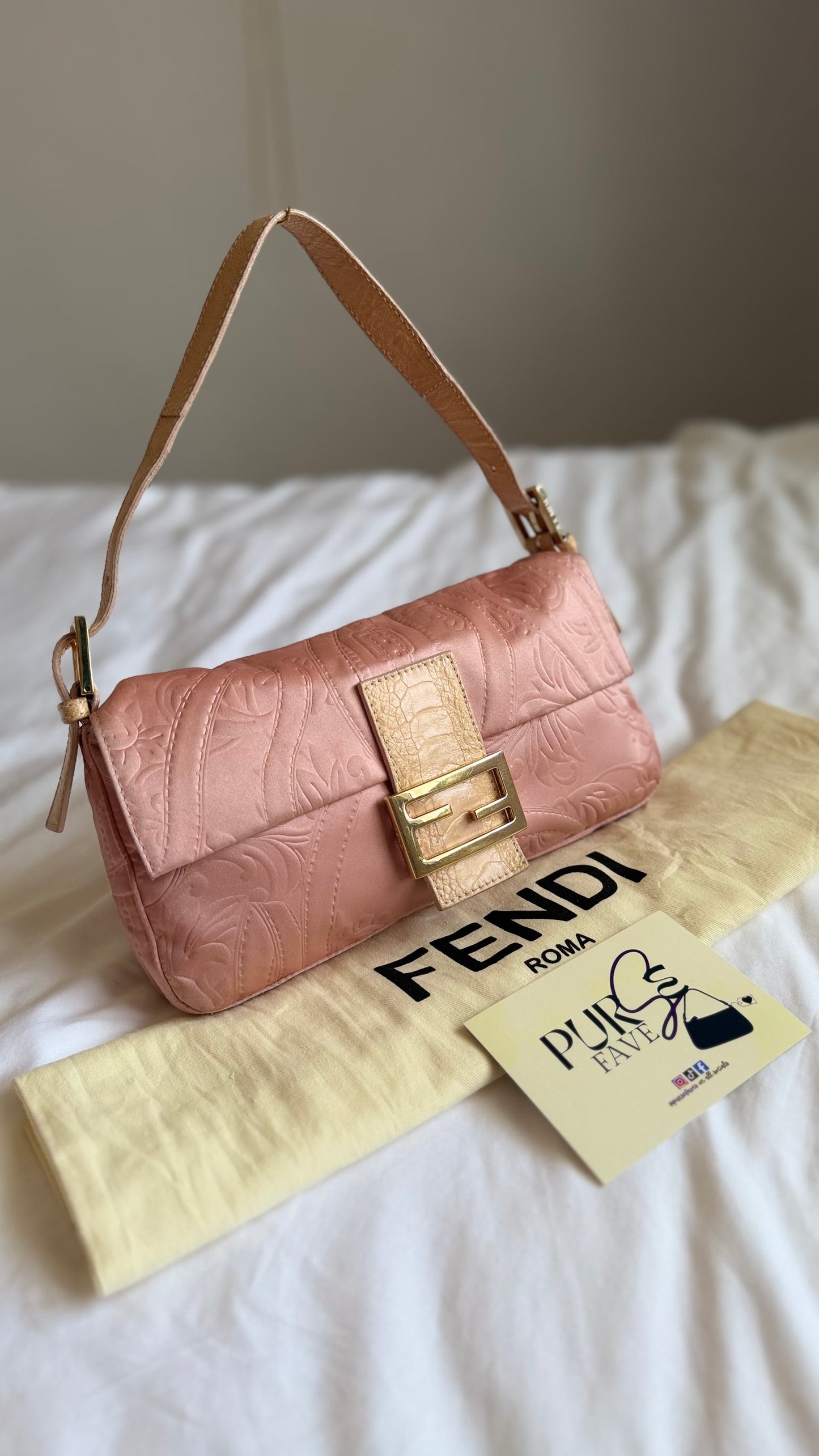 Authentic Vintage Fendi Baguette Pink Silk 3D Embossed Floral Swirl Pattern