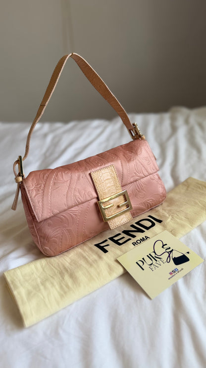 Authentic Vintage Fendi Baguette Pink Silk 3D Embossed Floral Swirl Pattern