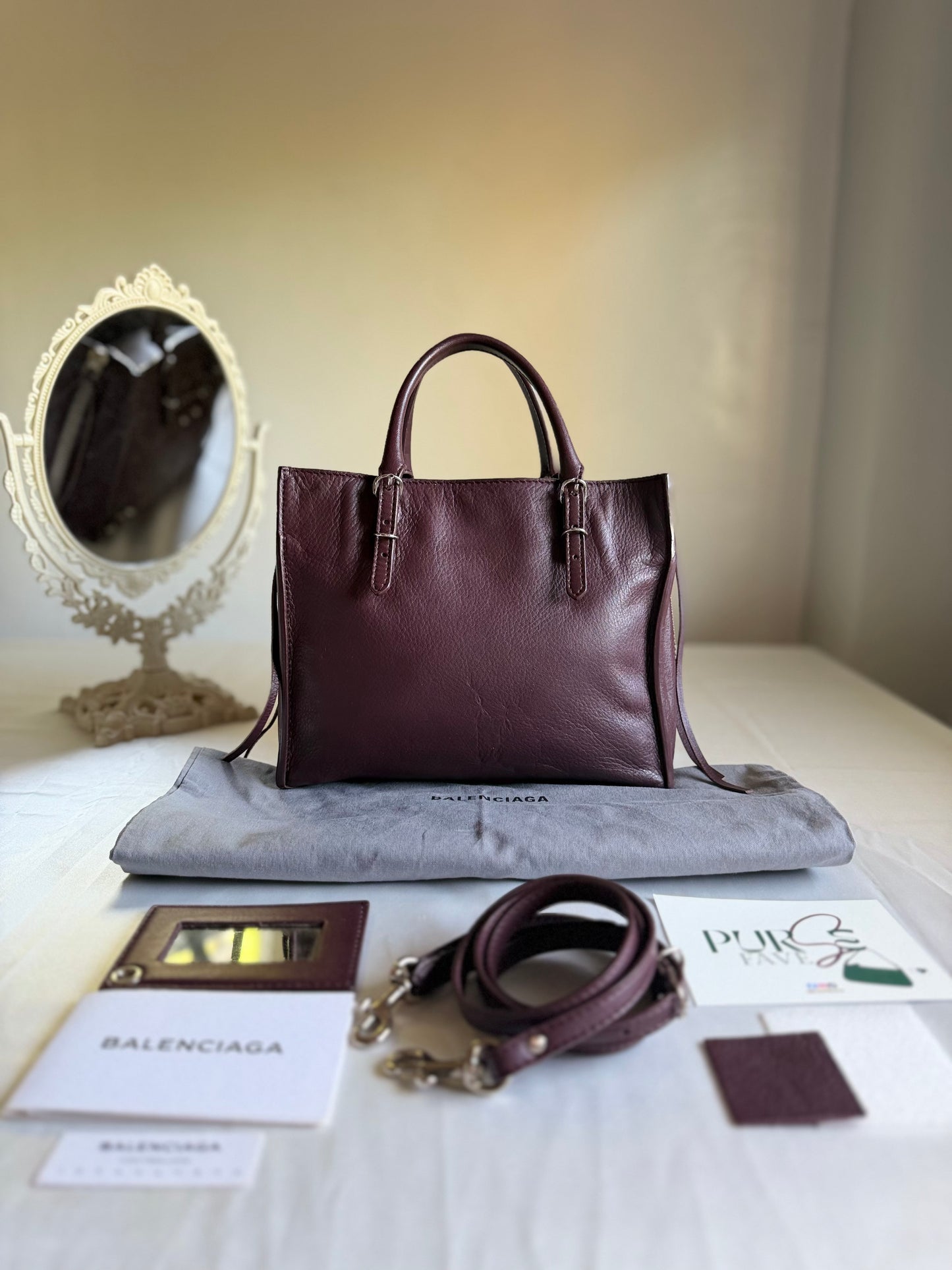 Authentic BALENCIAGA Burgundy Wine Calfskin Leather Mini Papier A4 Magnet Tote Bag