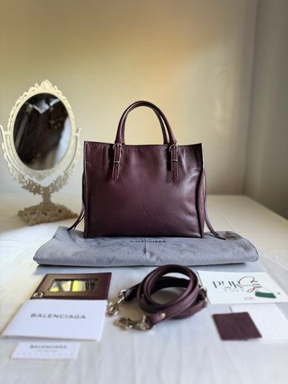 Authentic BALENCIAGA Burgundy Wine Calfskin Leather Mini Papier A4 Magnet Tote Bag