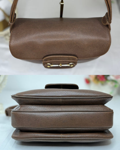 Authentic GUCCI 1955 Vintage Horsebit Shoulder & Crossbody Bag Brown Grained Leather | Mixed Gold & Silver Hardware