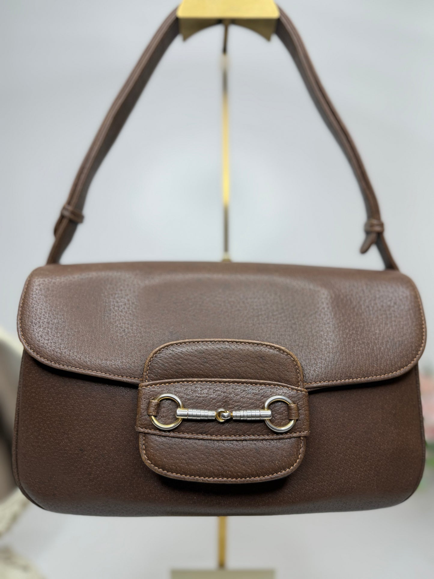 Authentic GUCCI 1955 Vintage Horsebit Shoulder & Crossbody Bag Brown Grained Leather | Mixed Gold & Silver Hardware