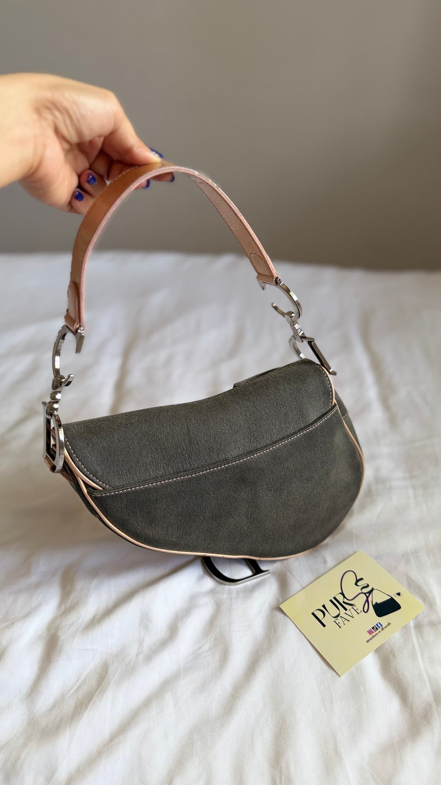 Authentic Vintage CHRISTIAN DIOR Dark Grey Denim with Pocket Saddle Shoulder Bag