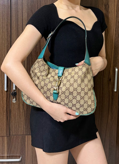 Authentic GUCCI Jackie 1961 Medium Beige GG Canvas x Teal Leather Trims Hobo Shoulder Bag