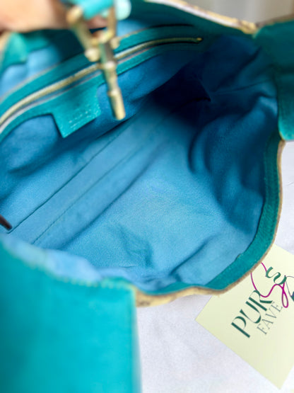 Authentic GUCCI Jackie 1961 Medium Beige GG Canvas x Teal Leather Trims Hobo Shoulder Bag
