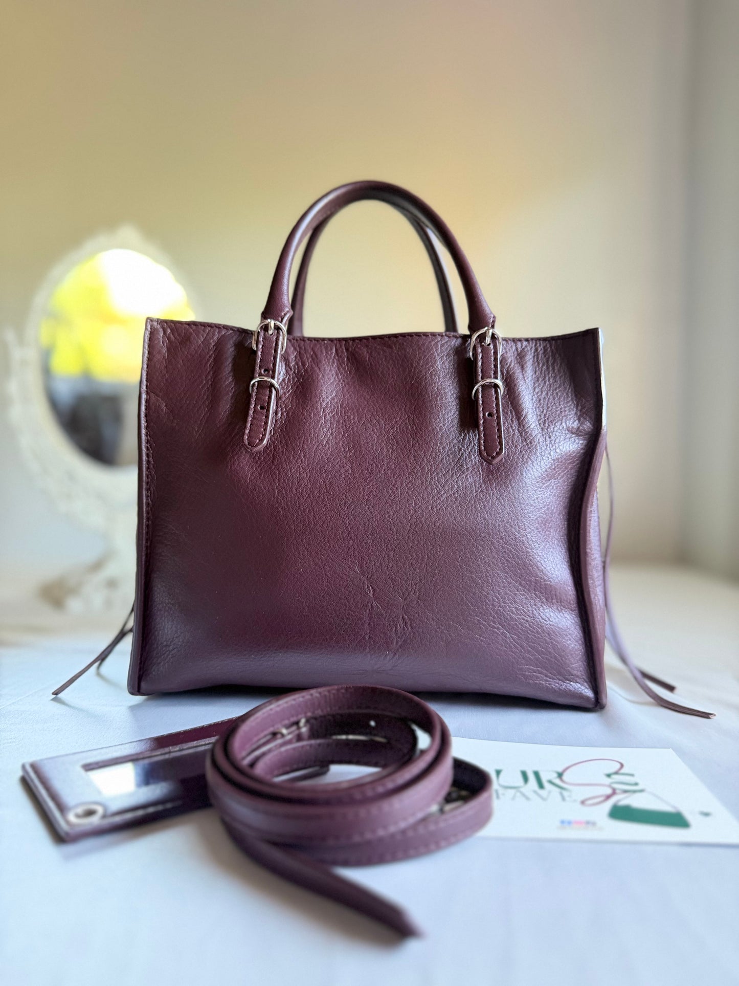 Authentic BALENCIAGA Burgundy Wine Calfskin Leather Mini Papier A4 Magnet Tote Bag