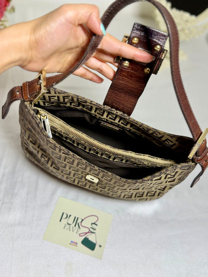 Authentic FENDI Beige / Brown Zucchino Canvas Hobo Trimmed Mamma Baguette Shoulder Bag