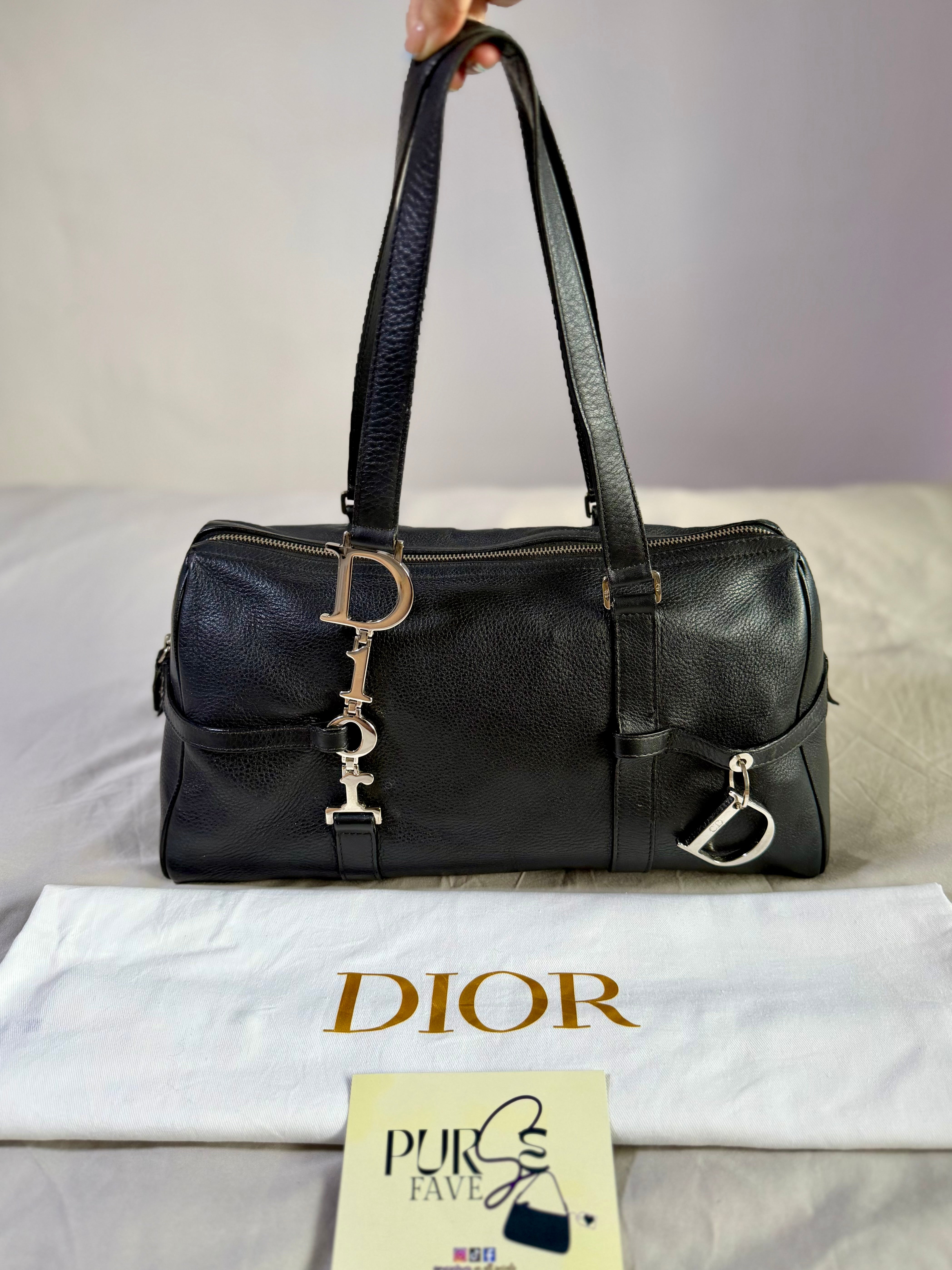 Authentic CHRISTIAN DIOR Spellout D-Charm Black Leather Bowler