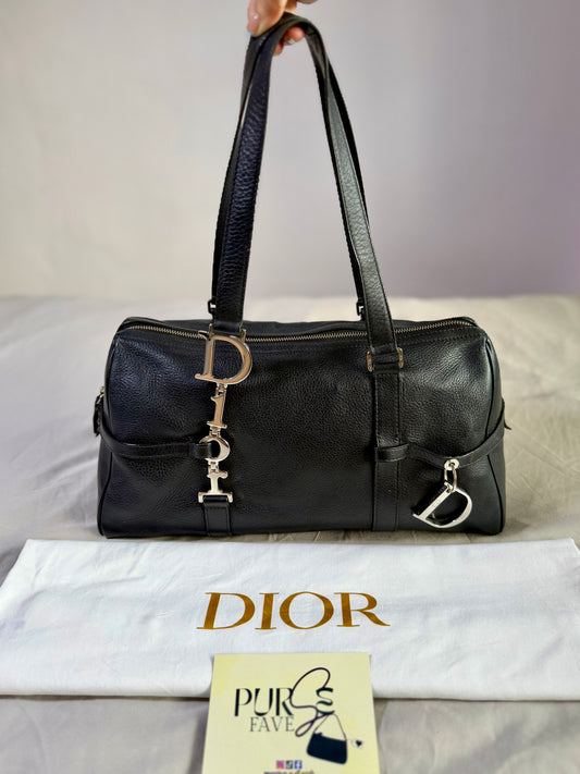 Authentic CHRISTIAN DIOR Spellout D-Charm Black Leather Bowler Boston Shoulder Bag
