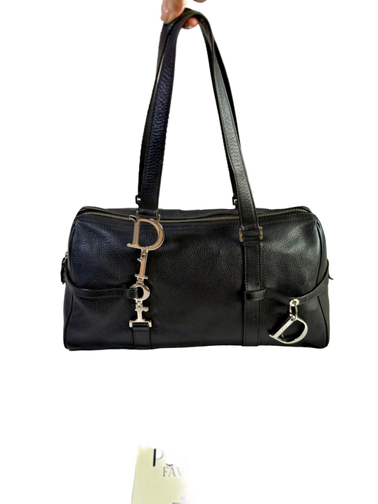 Authentic CHRISTIAN DIOR Spellout D-Charm Black Leather Bowler Boston Shoulder Bag