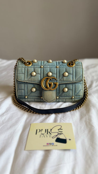Authentic Gucci GG Marmont Matelassé Pearl Studded Blue Denim Shoulder Crossbody Bag