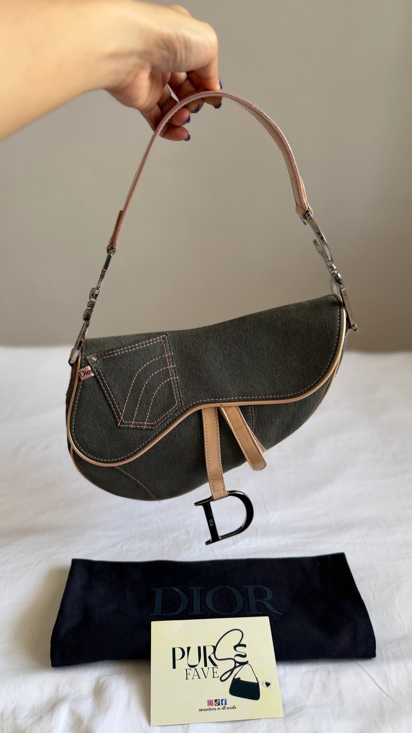 Authentic Vintage CHRISTIAN DIOR Dark Grey Denim with Pocket Saddle Shoulder Bag