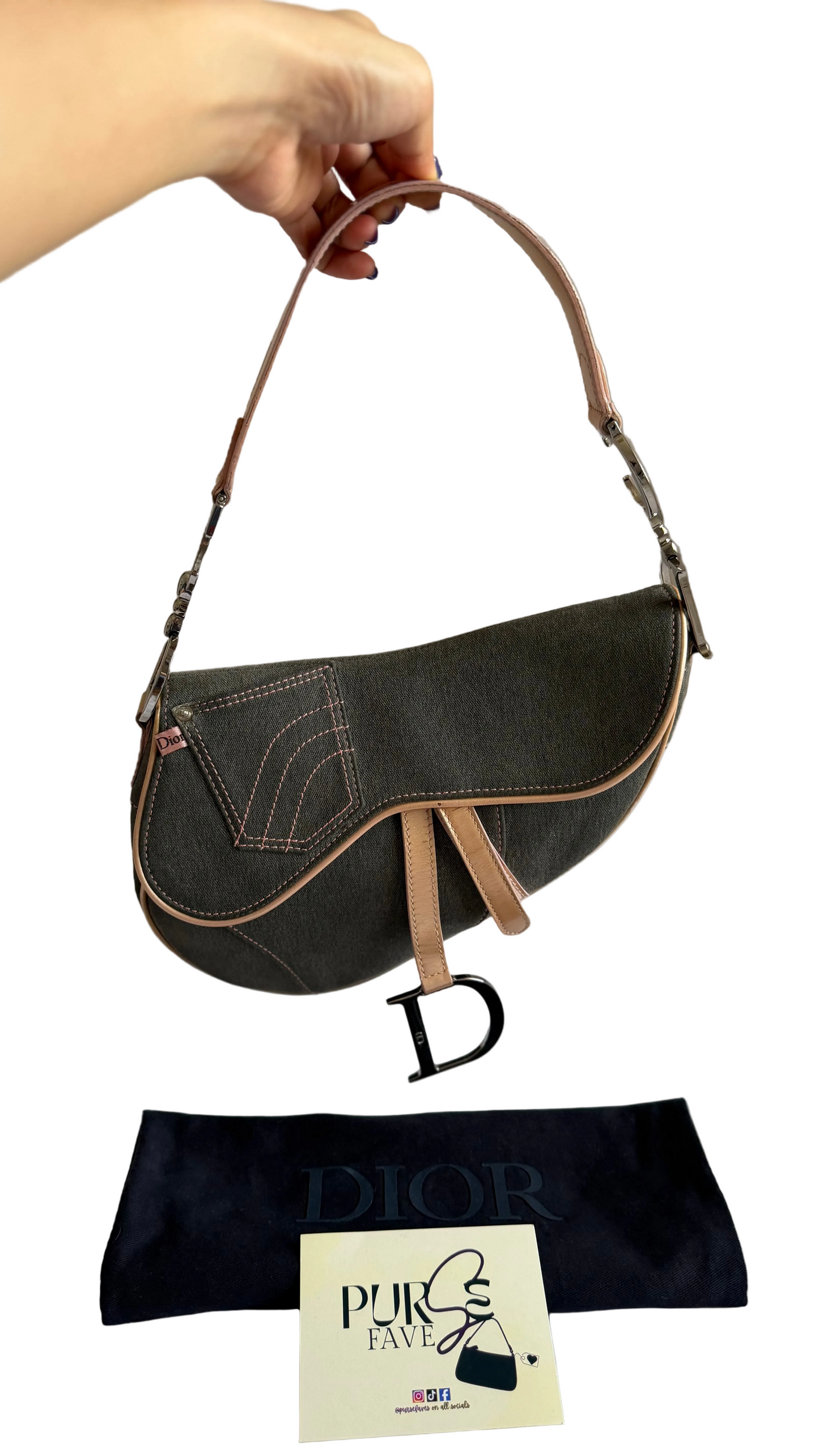 Authentic Vintage CHRISTIAN DIOR Dark Grey Denim with Pocket Saddle Shoulder Bag