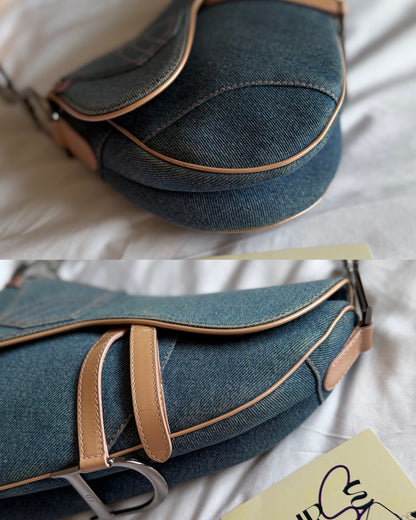 Authentic Vintage Christian Dior Light Blue Denim with Pocket Saddle Shoulder Bag