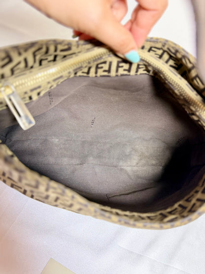 Authentic FENDI Beige / Brown Zucchino Canvas Hobo Trimmed Mamma Baguette Shoulder Bag