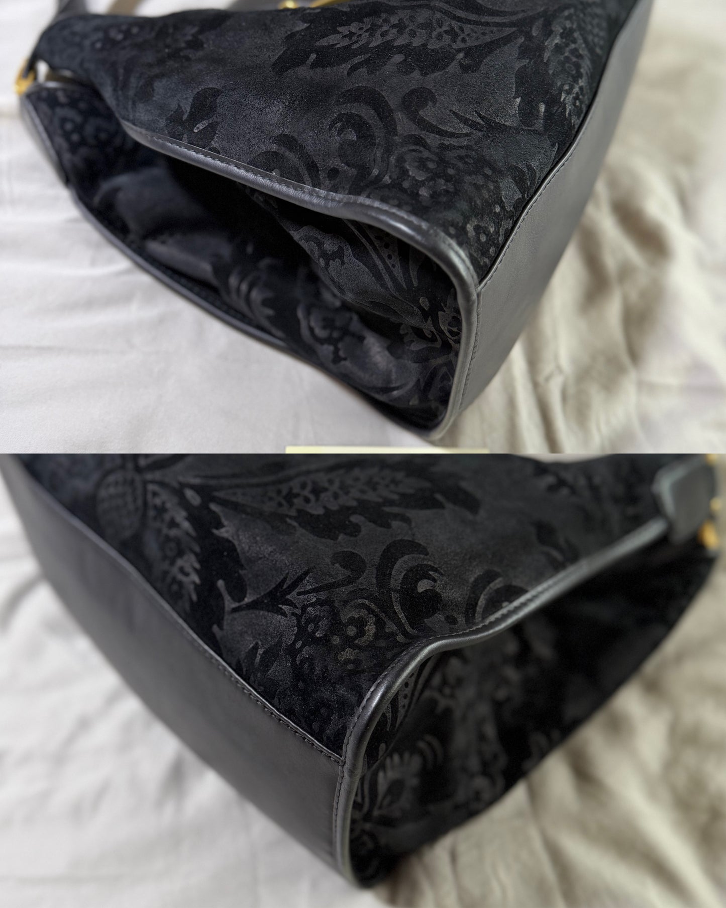 Authentic GUCCI Brocade Black Nubuck & Suede Soft Horsebit Stirrup Tote