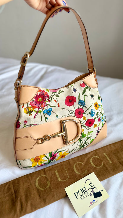 Authentic Vintage GUCCI Hasler Horsebit Flora Canvas Hobo Shoulder Bag