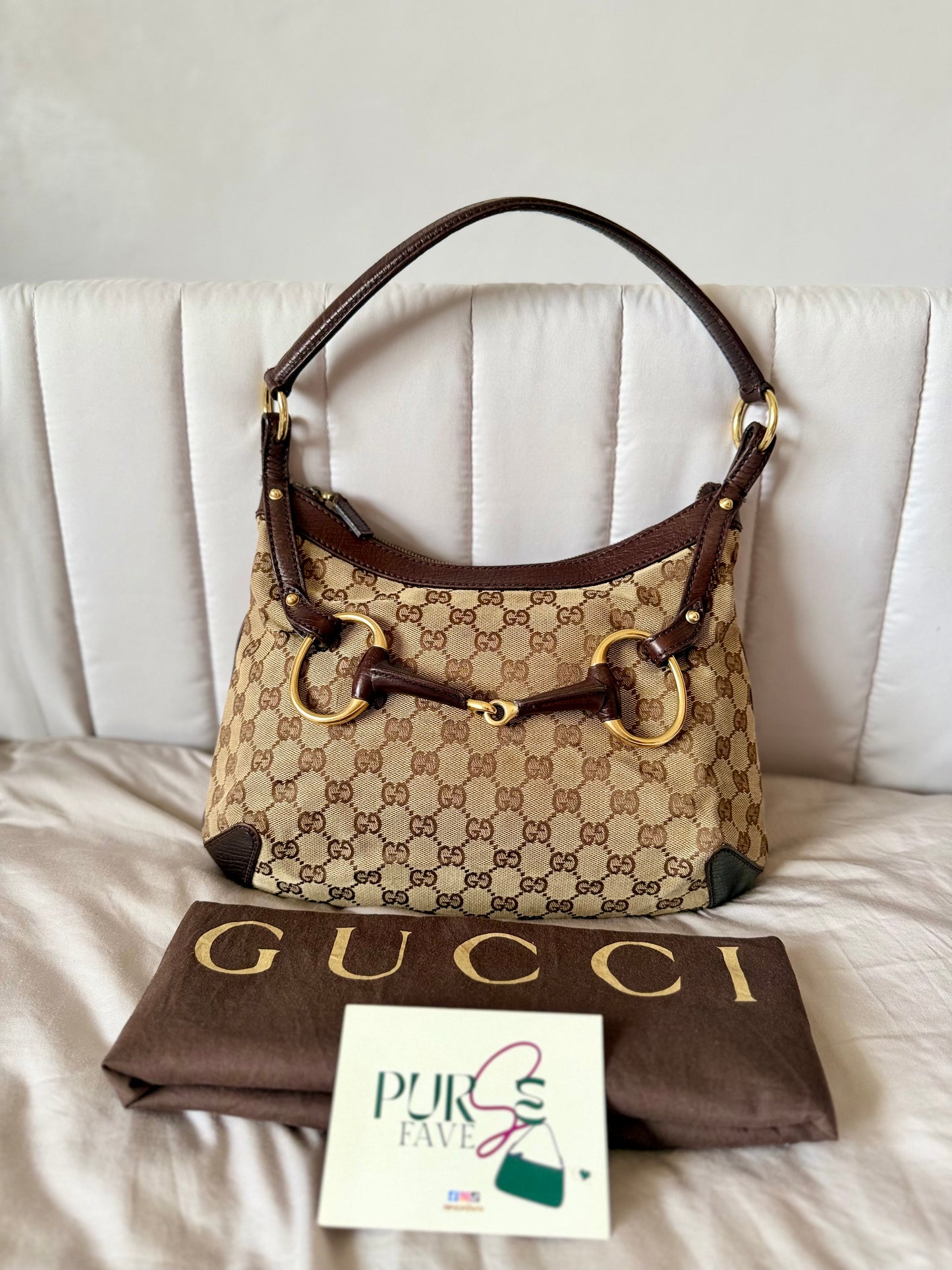 Authentic GUCCI Horsebit GG Canvas Brown Hobo Shoulder Bag