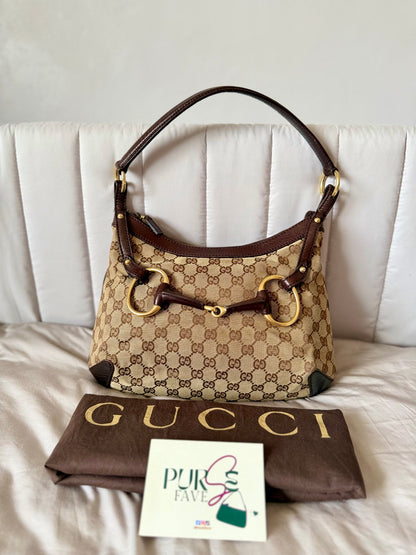Authentic GUCCI Horsebit GG Canvas Brown Hobo Shoulder Bag