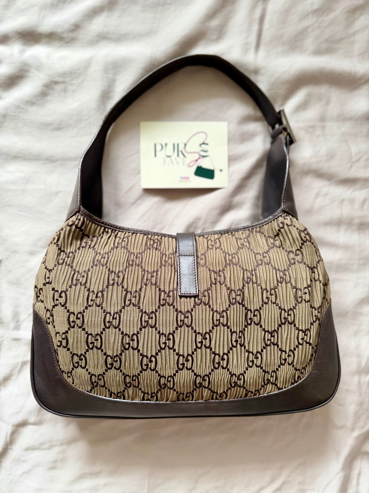 Authentic GUCCI Jackie Vintage Monogram Khaki x Dark Brown Satin Ruched / Pleated Hobo Shoulder Bag (Rare/Limited)