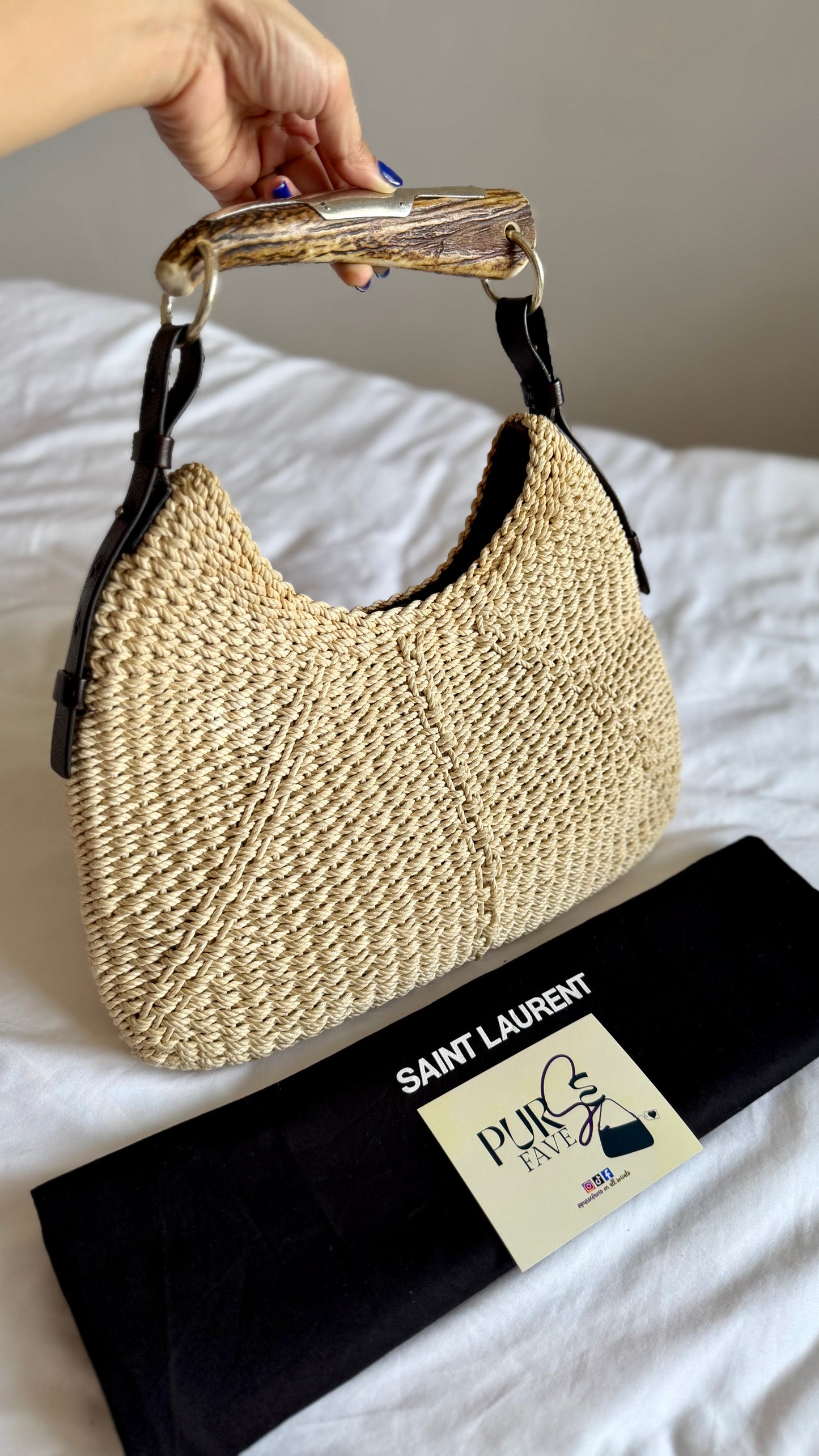 Authentic Vintage YVES SAINT LAURENT Mombasa Raffia by Tom Ford Horn Hobo Shoulder Bag