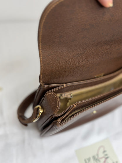 Authentic GUCCI 1955 Vintage Horsebit Shoulder & Crossbody Bag Brown Grained Leather | Mixed Gold & Silver Hardware