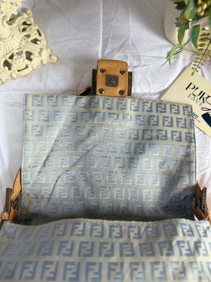 Authentic Vintage Fendi Light Blue Zucchino Canvas Mamma Baguette Shoulder Bag