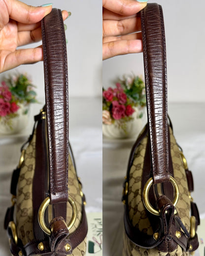 Authentic GUCCI Horsebit GG Canvas Brown Hobo Shoulder Bag