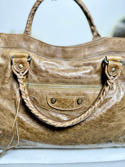 Authentic BALENCIAGA Motocross Classic City Glazed Brown Lambskin Leather Bag