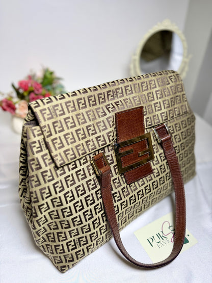 Authentic FENDI Beige / Brown Zucchino Canvas Accordion Large Shopper Tote Bag
