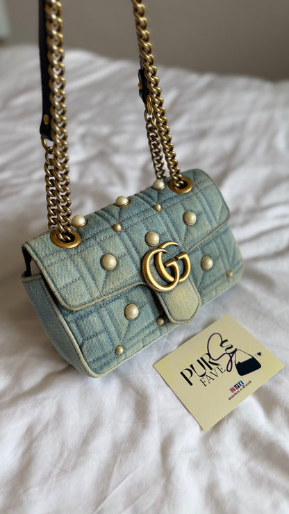 Authentic Gucci GG Marmont Matelassé Pearl Studded Blue Denim Shoulder Crossbody Bag