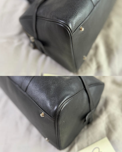 Authentic CHRISTIAN DIOR Spellout D-Charm Black Leather Bowler Boston Shoulder Bag