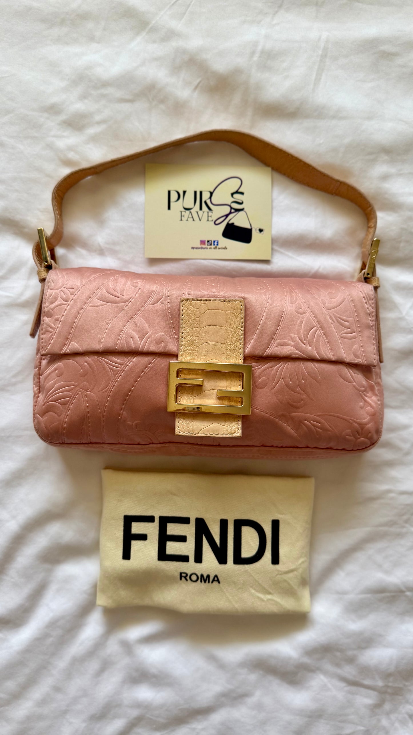 Authentic Vintage Fendi Baguette Pink Silk 3D Embossed Floral Swirl Pattern
