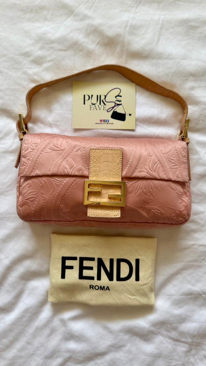 Authentic Vintage Fendi Baguette Pink Silk 3D Embossed Floral Swirl Pattern