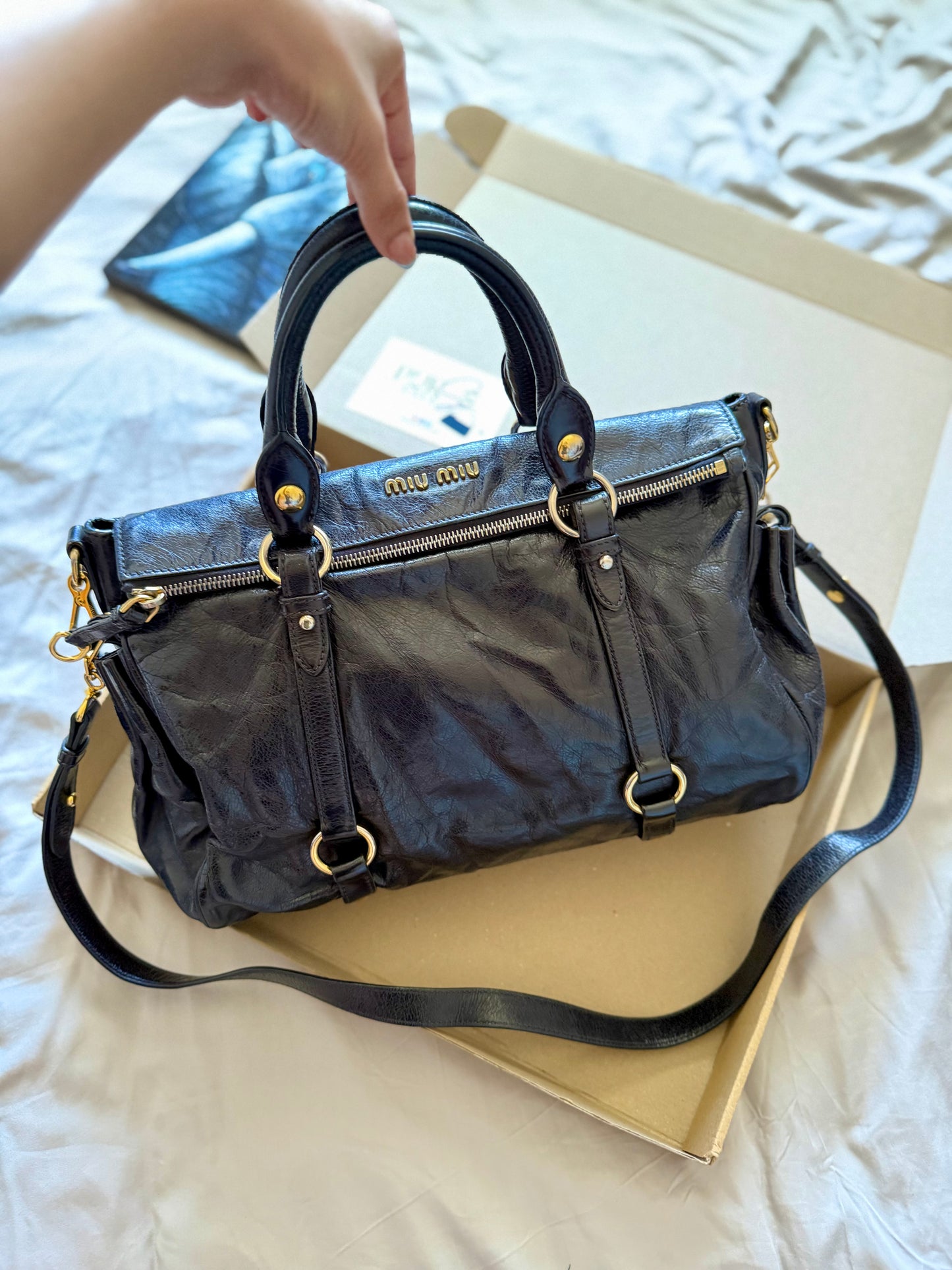 Authentic MIU MIU Vitello Lux Fomo Bow Satchel Crossbody Bag