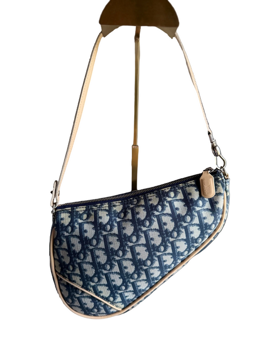 Authentic Vintage CHRISTIAN DIOR Blue Canvas Mini Saddle Pochette Bag