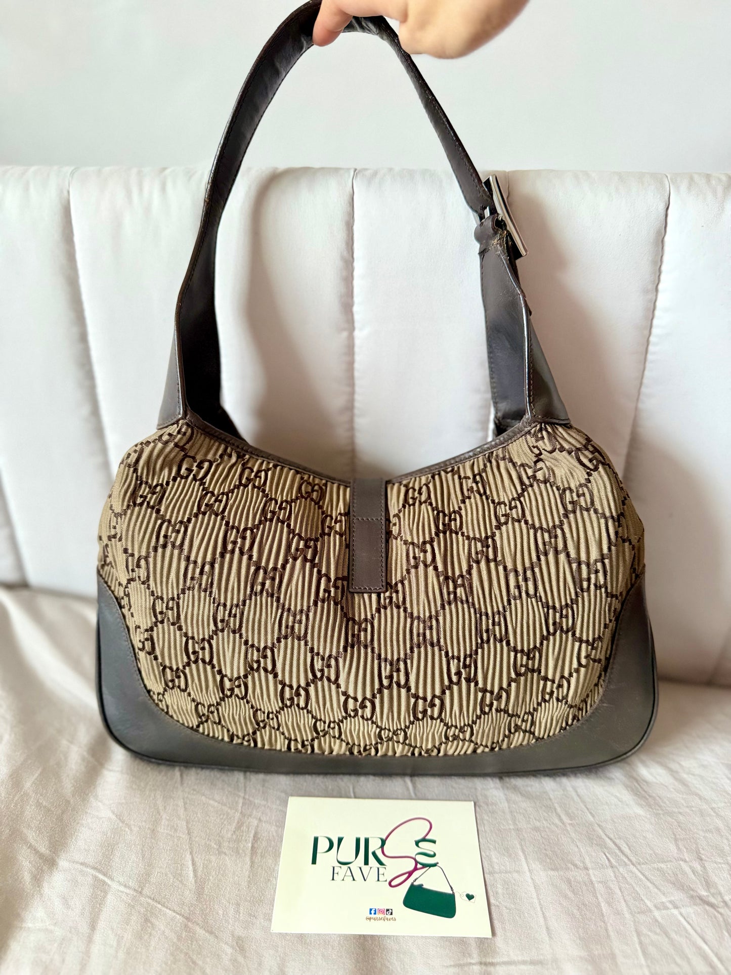 Authentic GUCCI Jackie Vintage Monogram Khaki x Dark Brown Satin Ruched / Pleated Hobo Shoulder Bag (Rare/Limited)