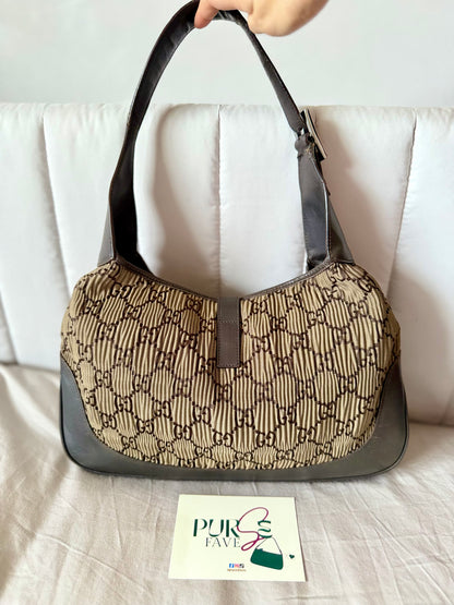 Authentic GUCCI Jackie Vintage Monogram Khaki x Dark Brown Satin Ruched / Pleated Hobo Shoulder Bag (Rare/Limited)