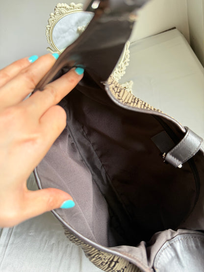 Authentic GUCCI Jackie Vintage Monogram Khaki x Dark Brown Satin Ruched / Pleated Hobo Shoulder Bag (Rare/Limited)