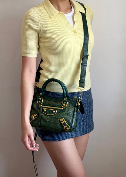 Authentic BALENCIAGA Green Croc-Embossed Leather Mini Classic Metallic Edge City Bag