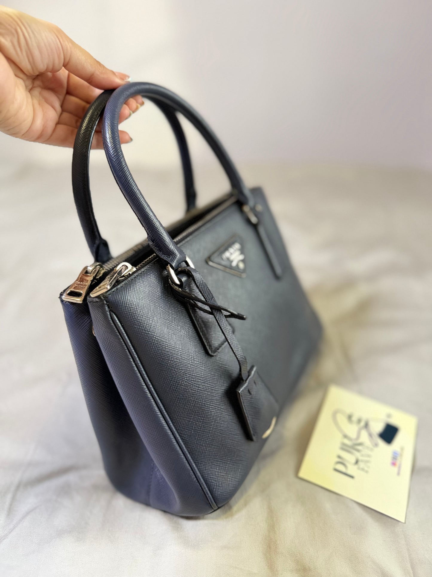 Authentic PRADA Saffiano Lux Galleria Navy Blue Mini Double Zip Tote Crossbody
