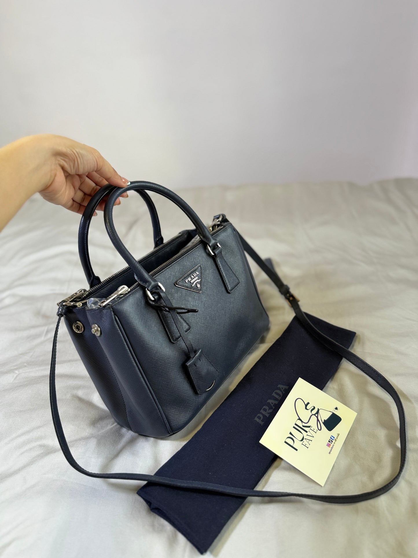 Authentic PRADA Saffiano Lux Galleria Navy Blue Mini Double Zip Tote Crossbody