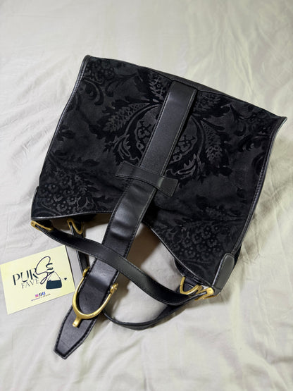 Authentic GUCCI Brocade Black Nubuck & Suede Soft Horsebit Stirrup Tote
