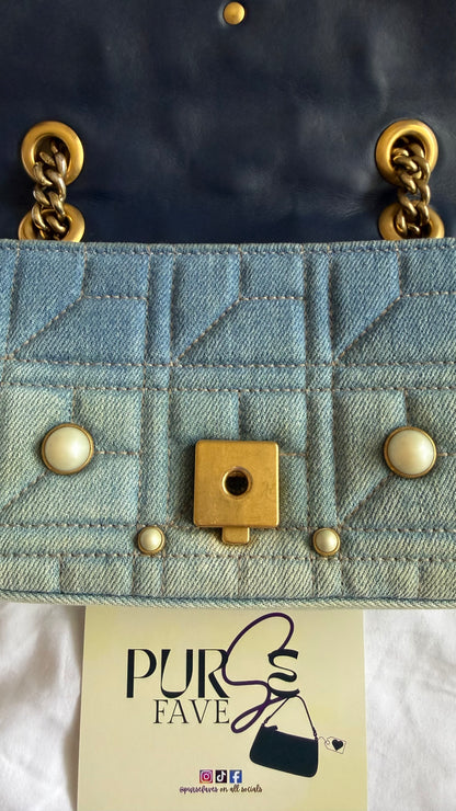Authentic Gucci GG Marmont Matelassé Pearl Studded Blue Denim Shoulder Crossbody Bag